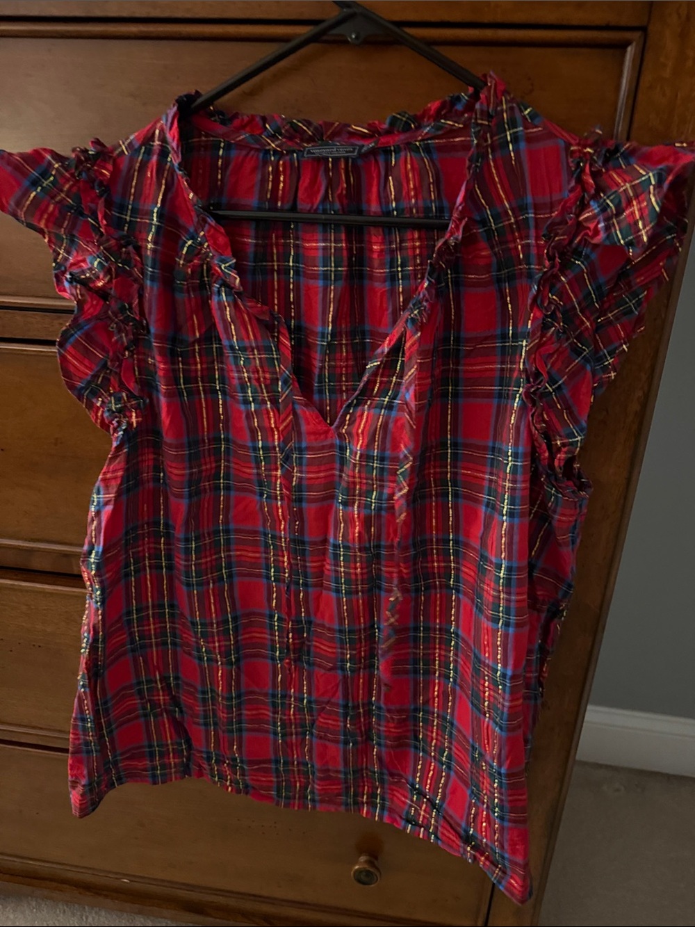 Vineyard Vines Red Plaid Ruffle Sleeve V-Neck Blouse